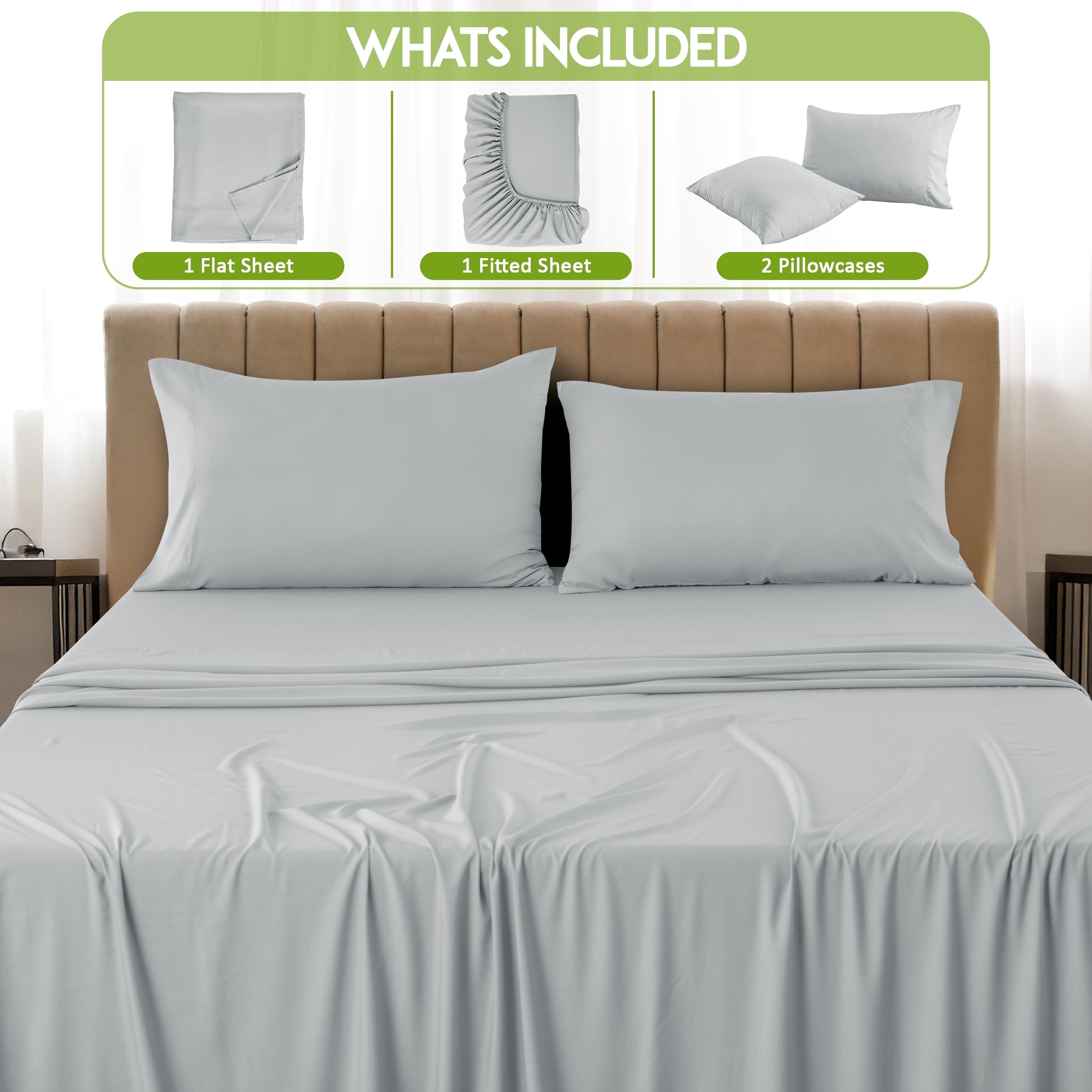 Premium Egyptian Cotton Rayon - 4 Piece Cooling Bed Sheets Set, Gray - Breathable Egyptian Cotton Flat & Fitted Sheets Detail