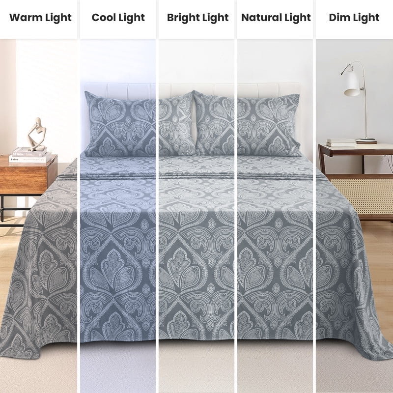 Ultra-Soft Lux Decor 4 Piece Queen Sheet Set, Brushed Microfiber Paisley Printed Bed Sheet Set with up to 16" Deep Pocket Fitted... - Cooling Hotel Quality Bedding Sheets and Pillowcases Detail