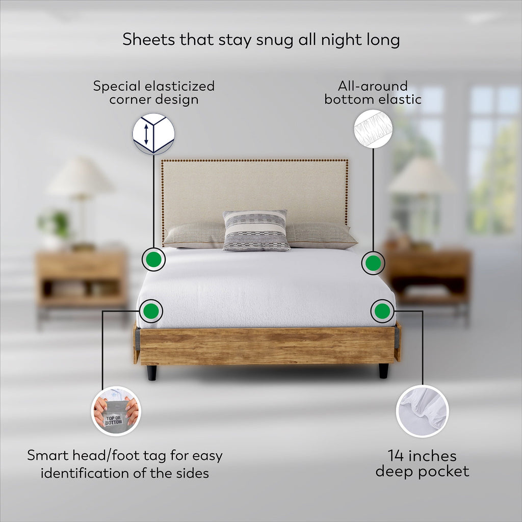Premium Egyptian Cotton Soft Finish Microfiber Percale Queen Bed Sheet Set – 4-Piece Lightweight, Wrinkle-Resistant, Quick-Dry, Light Gray - Cooling Hotel Quality Bedding Sheets and Pillowcases Detail