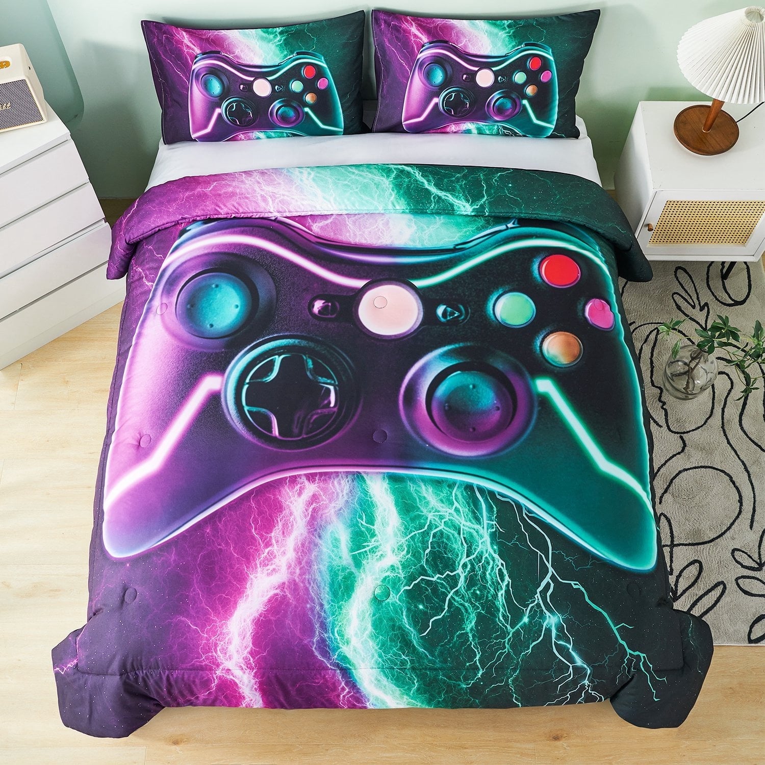 Fluffy Down Alternative Queen Size Gaming Comforter Set for Boys,3-Piece 3D Green Purple Lightning Game Controller Bedding Set for Kids Teens - All-Season Down Alternative Comforter Insert Detail