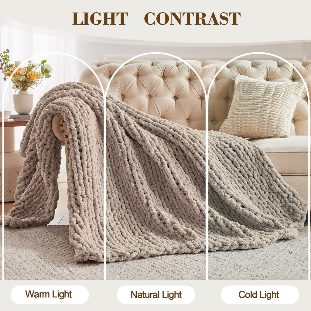 Cozy Fleece Chunky Knit Throw Blanket Handmade Soft Throws for Couch Sofa Bed, 50" x 60" Taupe - Luxury Knitted Decorative Throw Blanket with Fringes Detail