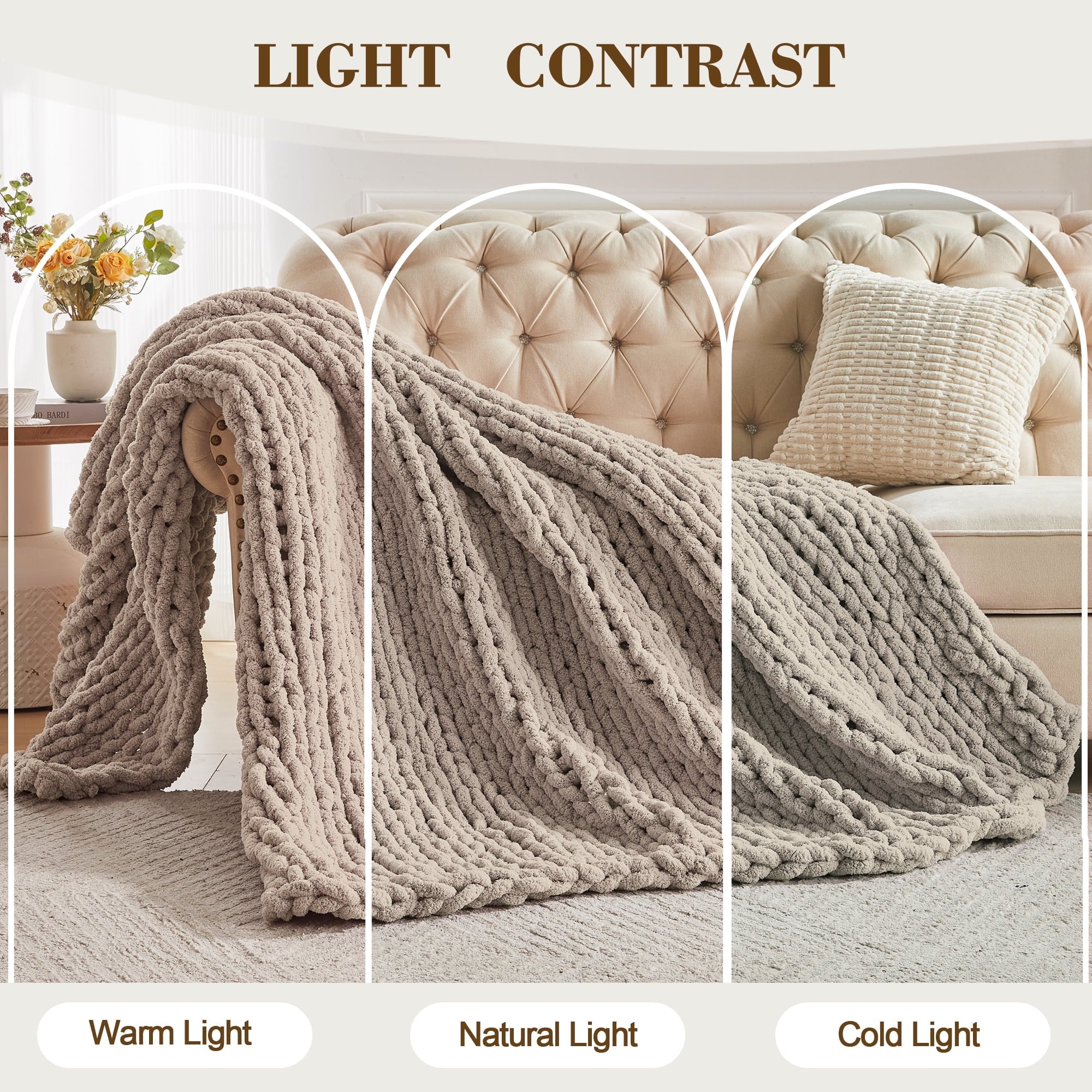 Cozy Fleece Chunky Knit Throw Blanket Handmade Soft Throws for Couch Sofa Bed, 50" x 60" Taupe - Luxury Knitted Decorative Throw Blanket with Fringes Detail