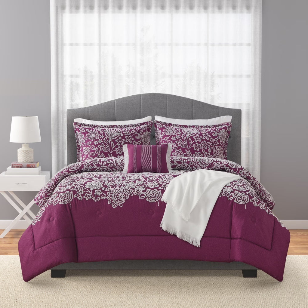 Hypoallergenic Cloud 5-Piece Jacquard Comforter Set with Decor Pillow and Throw Purple Flocking Embroidery Bedding Set, Full/Queen - Luxurious Quilted Duvet Cover Set Detail