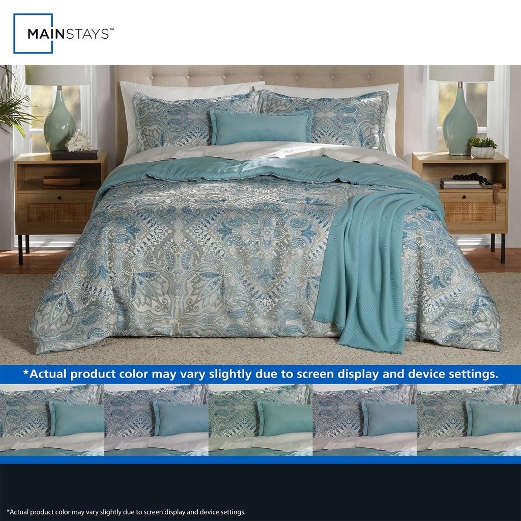 Heavyweight Warmth Full/Queen Comforter Set, All-Season, 5-Piece, Teal Jacquard Medallion - Luxurious Quilted Duvet Cover Set Detail