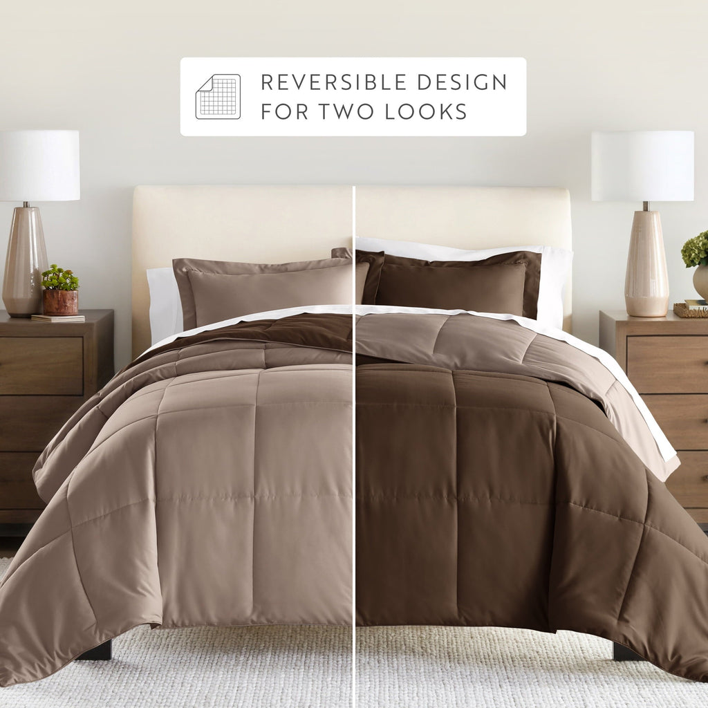 All-Season All Season Reversible Comforter Set Breathable Cool in Taupe & Chocolate Brown Full/Queen Size Bedding - Hypoallergenic Ultra-Fluffy Quilt for Winter Detail