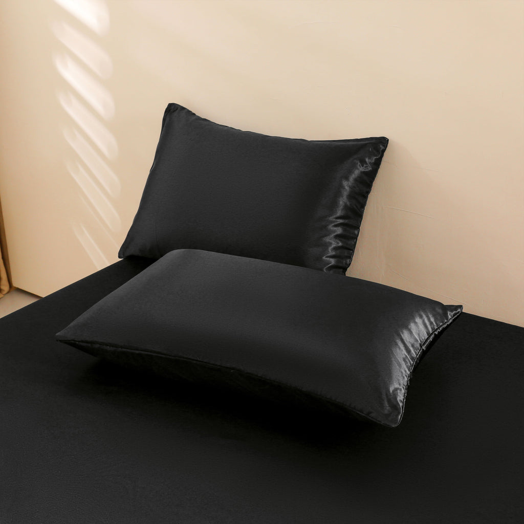 Premium Egyptian Cotton 4Pcs Black Satin Sheets Queen Set Silk Sheets 13" Deep Pocket Ultra Soft silky Bed Sheet Set - Breathable Egyptian Cotton Flat & Fitted Sheets Detail