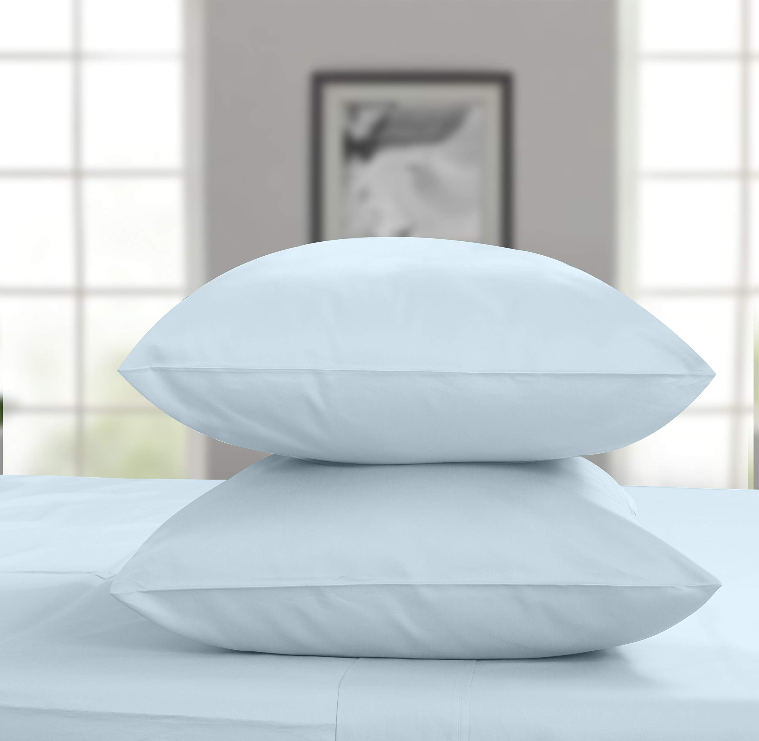 Cooling Sateen 100% Cotton King Bed Sheets Set - 4-Piece, 300 Thread Count, Lightweight Sateen, Light Blue - Cooling Hotel Quality Bedding Sheets and Pillowcases Detail