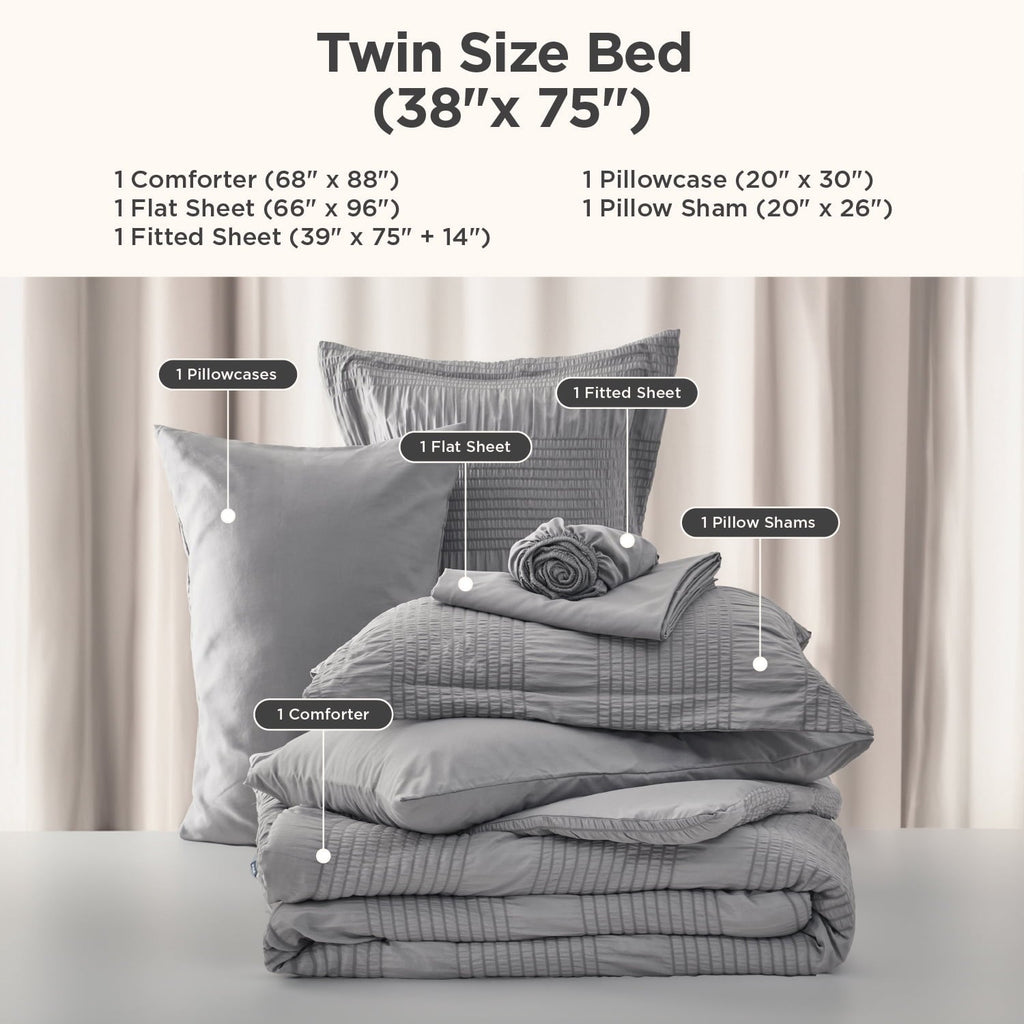 Luxurious Quilted Twin Comforter Sets 5 Pieces Stripes Seersucker Bedding Set, Bed in a Bag with Soft Comforter & Sheets, Pillowcase & ... - Cloud-Like Soft Lightweight Bed Comforter Detail