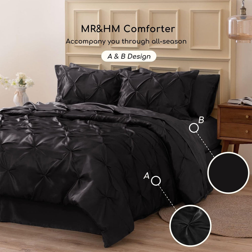 All-Season Satin Comforter Set 7 Pieces Queen Size - Luxurious Pinch Pleat Bed in a Bag with Satin Comforter, Satin Sheets, Sati... - Luxurious Quilted Duvet Cover Set Detail