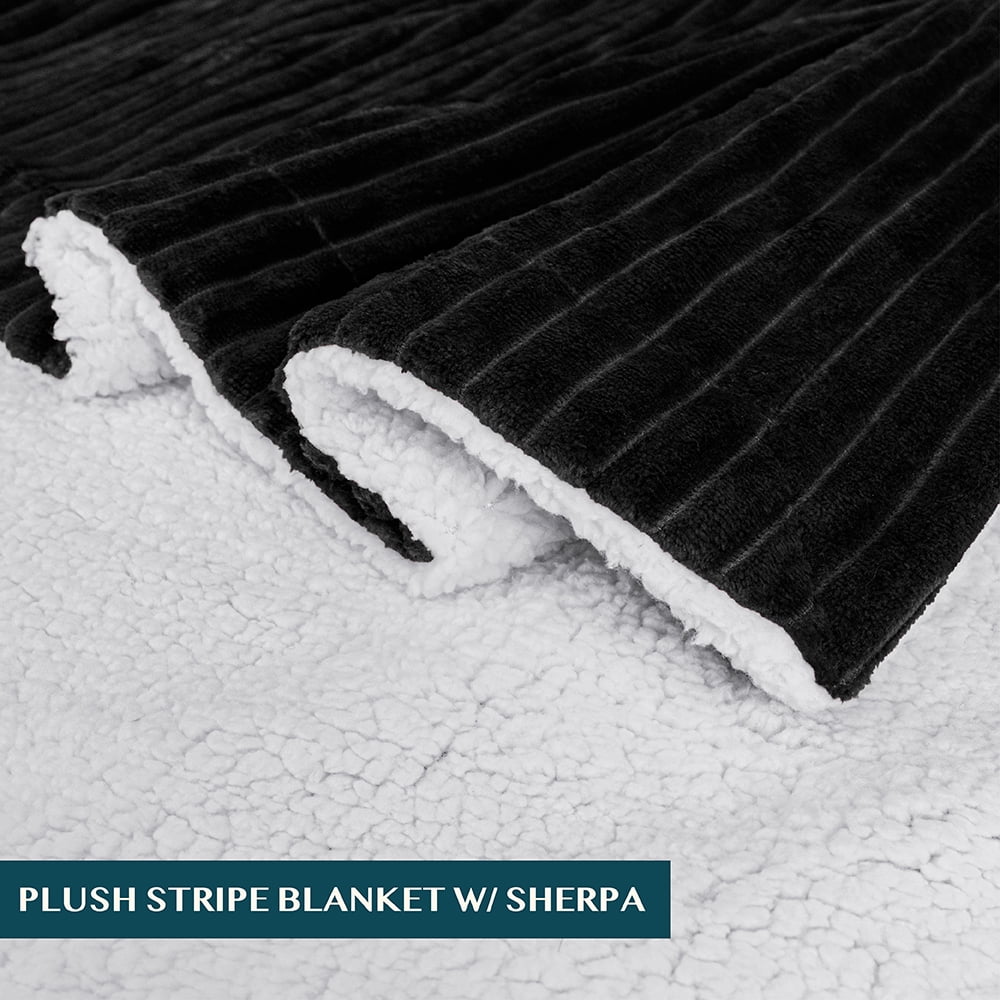 Decorative Knitted Reversible Sherpa Fleece Throw Blanket Black, Plush Flannel Throw, Ultra Soft Warm Ribbed Microfiber Blanket for Sofa... - Super Soft Reversible Sherpa Flannel Blanket Detail