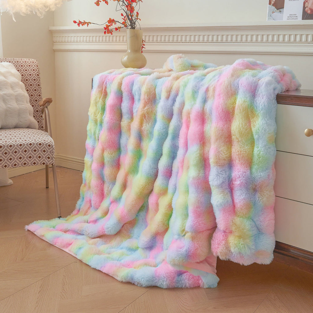 Reversible Sherpa Fluffy Faux Rabbit Fur Bubble Throw, Rainbow Plush Shaggy Blanket for Couch Sofa Chair, Soft Tie Dye Furry Blanket Ad... - Cozy Fleece Throw Blanket for Couch & Bed Detail