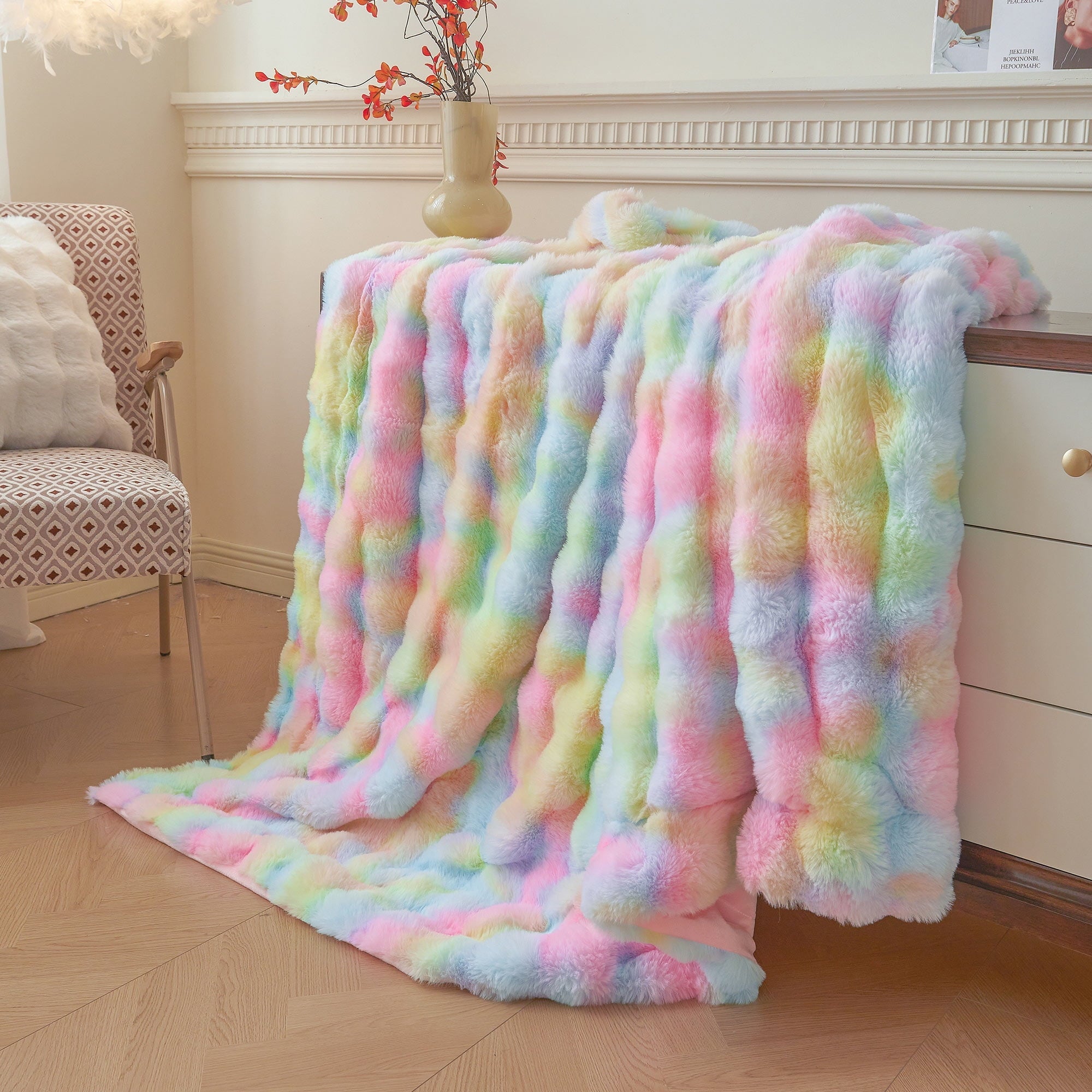 Reversible Sherpa Fluffy Faux Rabbit Fur Bubble Throw, Rainbow Plush Shaggy Blanket for Couch Sofa Chair, Soft Tie Dye Furry Blanket Ad... - Cozy Fleece Throw Blanket for Couch & Bed Detail