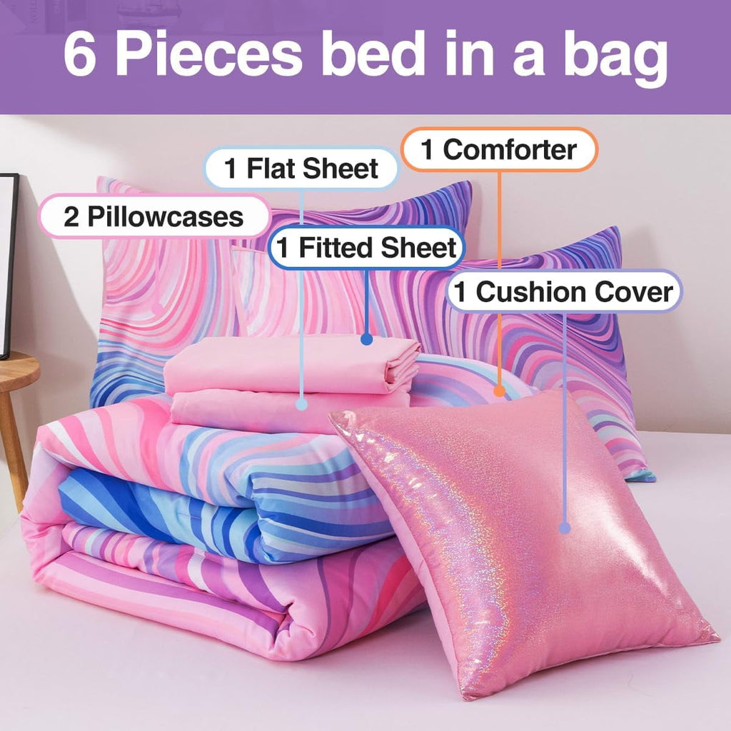 Fluffy Down Alternative 6 Pieces Gradient Star Ring Comforter Set, Colorful Glitter Rainbow Wave Stripes Pattern Bedding Set for Boys Girls T... - Hypoallergenic Ultra-Fluffy Quilt for Winter Detail