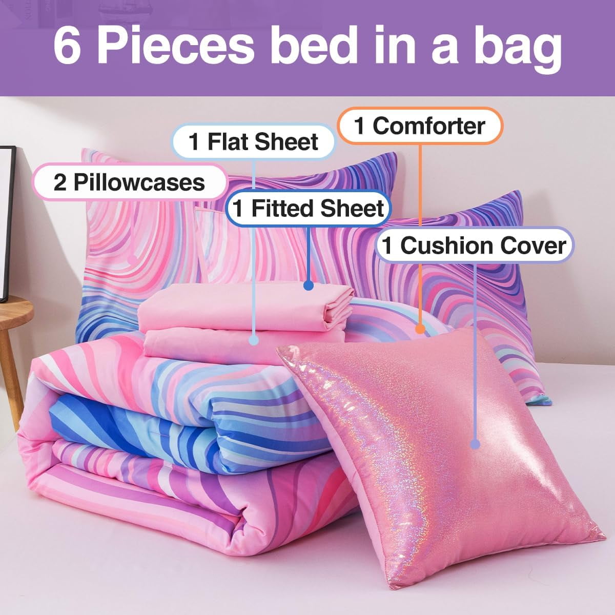 Fluffy Down Alternative 6 Pieces Gradient Star Ring Comforter Set, Colorful Glitter Rainbow Wave Stripes Pattern Bedding Set for Boys Girls T... - Hypoallergenic Ultra-Fluffy Quilt for Winter Detail