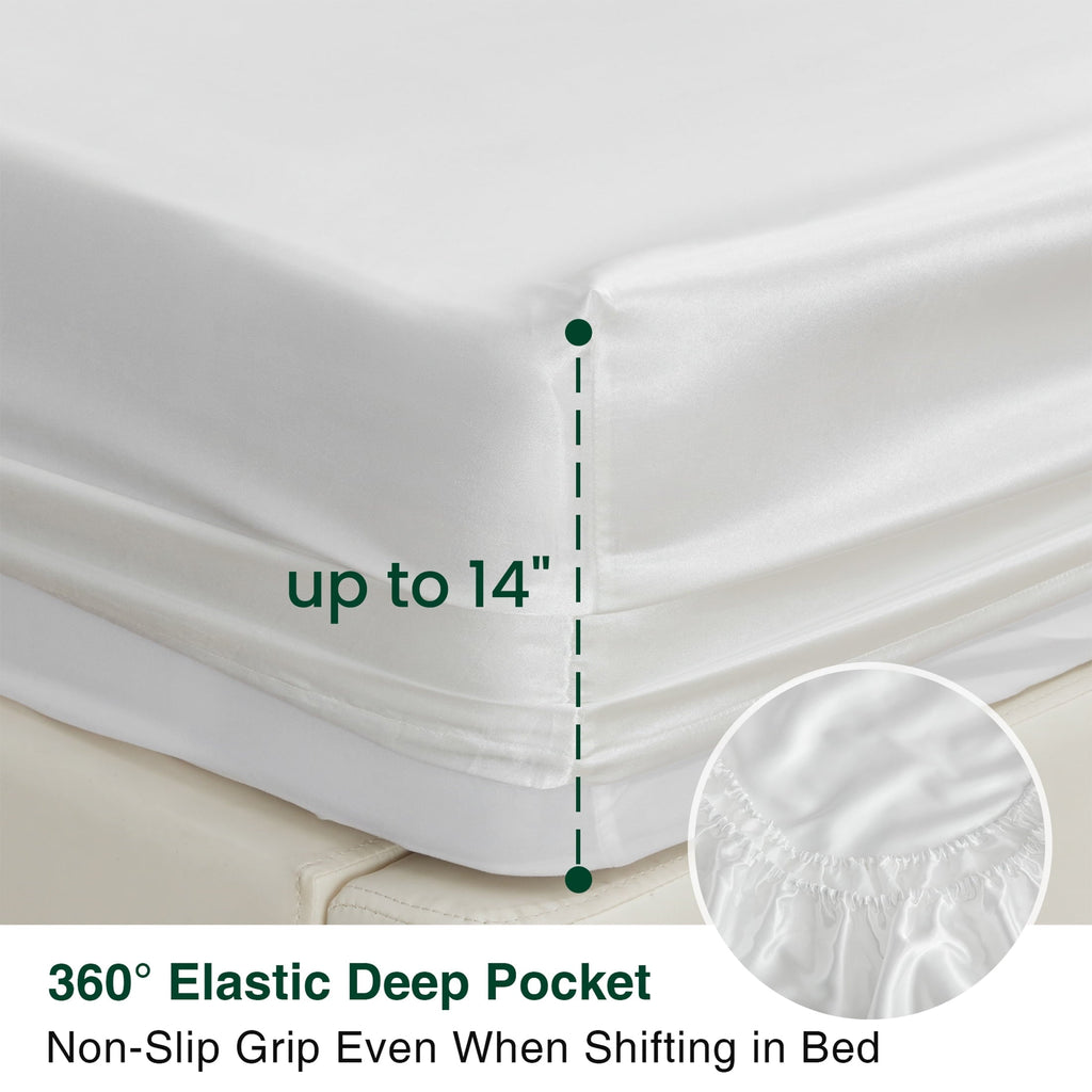Cooling Sateen Satin Sheets Full Sheet Set Deep Pocket Luxury Silky Bed Sheets for Hair and Skin 4 Pieces, White - Breathable Egyptian Cotton Flat & Fitted Sheets Detail