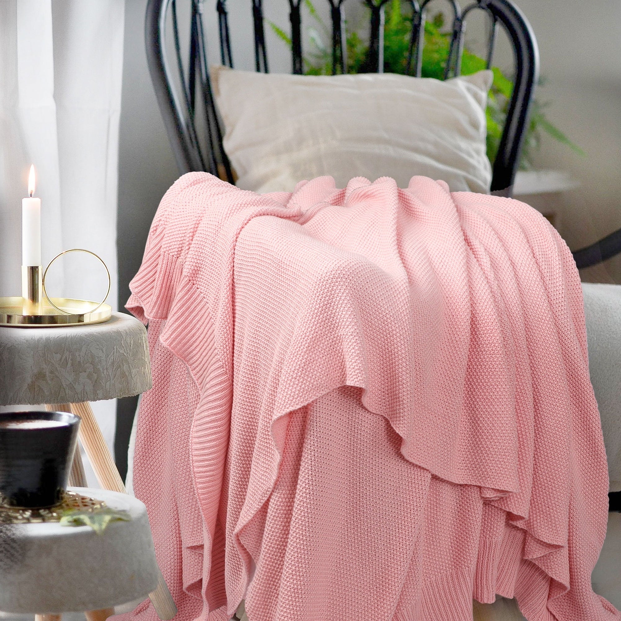 Decorative Knitted Pure Cotton Soft Cable Knit Throw Blanket Pink 50" x 70" - Cozy Fleece Throw Blanket for Couch & Bed Detail