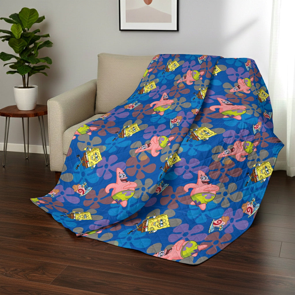 Cozy Fleece Spongebob Tropical Waltz Quilted Throw Blanket 60x80 inches, Kids Character Bedding - Super Soft Reversible Sherpa Flannel Blanket Detail