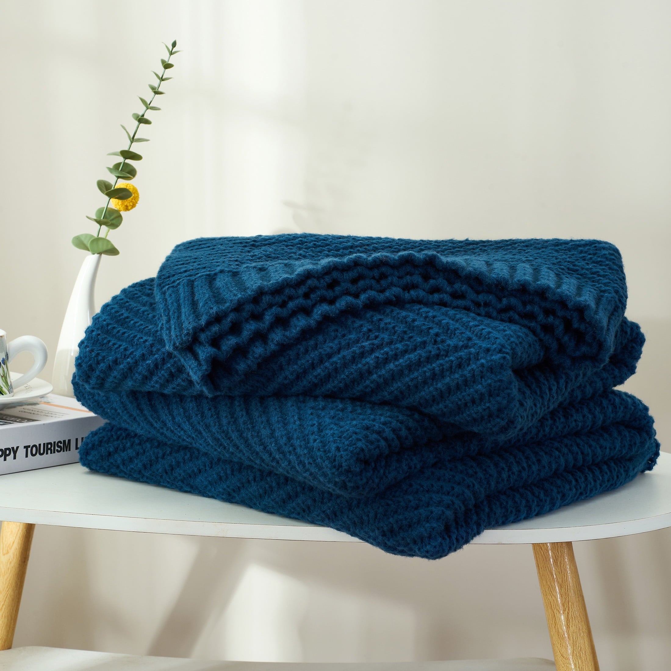 Reversible Sherpa Soft Knitted Throw Blanket 50" x 60" Navy Blue, Boho Chevron Farmhouse Throw for Bed Couch - Lightweight Plush Warm Blanket for All Seasons Detail