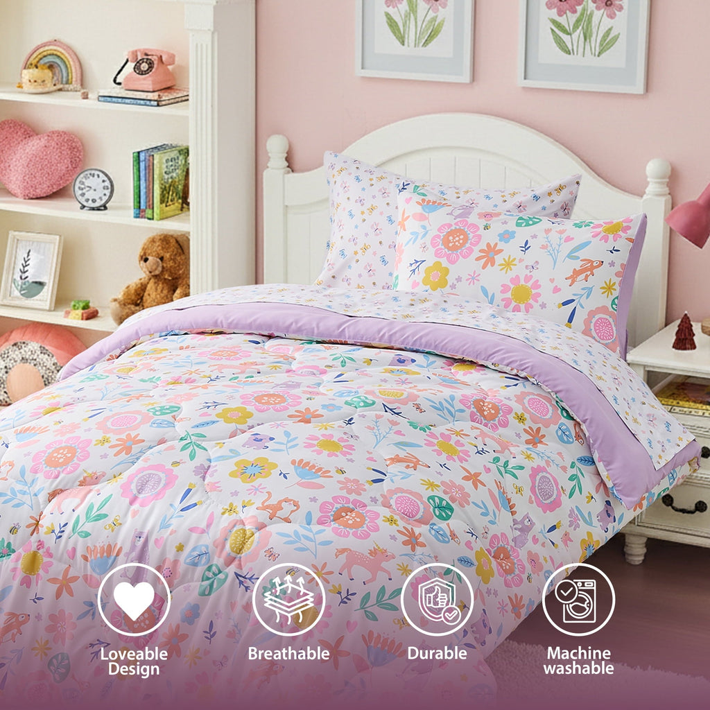 Heavyweight Warmth Floral Comforter Set, Soft Microfiber Flower Bedding Set, 5 Pieces with Comforter, Sheets and Pillowcases, Twin - Luxurious Quilted Duvet Cover Set Detail