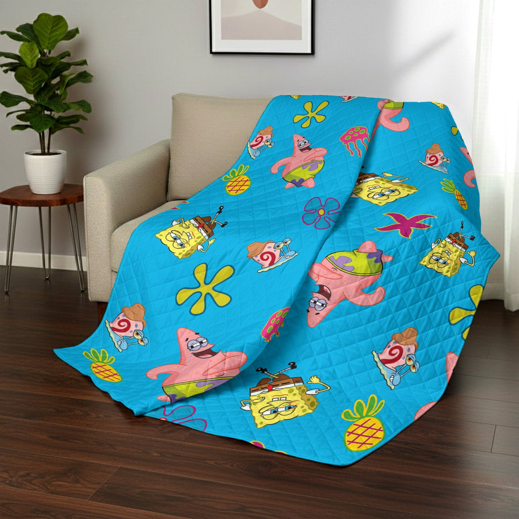 Cozy Fleece Spongebob Tropical Waltz Quilted Throw Blanket 60x80 inches, Kids Character Bedding - Super Soft Reversible Sherpa Flannel Blanket Detail