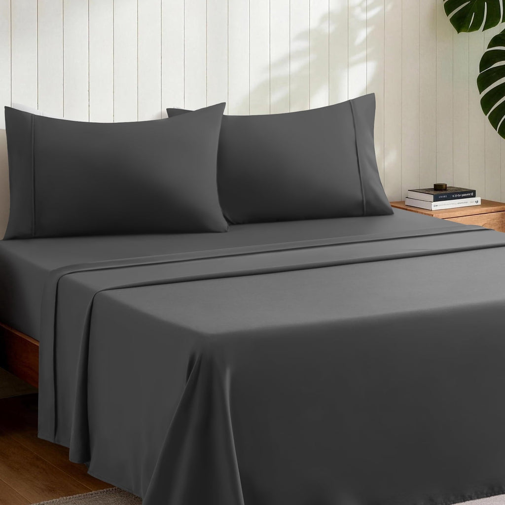 Premium Egyptian Cotton Sheets,Soft Hotel Luxury Polyester Washed Cotton,4 Piece Sheets Set,with 14" Deep Pocket,Dark Gray - Luxury Bed Sheet Set with Deep Pockets Detail