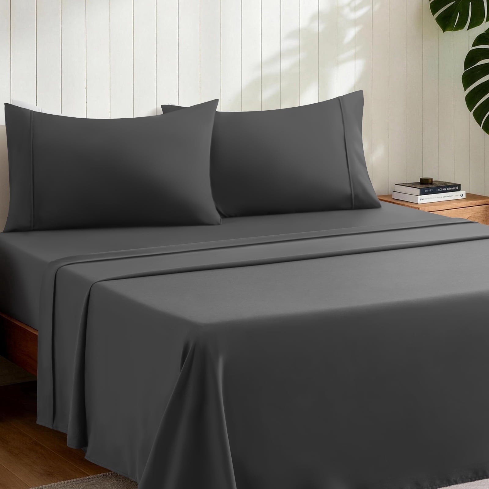 Premium Egyptian Cotton Sheets,Soft Hotel Luxury Polyester Washed Cotton,4 Piece Sheets Set,with 14" Deep Pocket,Dark Gray - Luxury Bed Sheet Set with Deep Pockets Detail