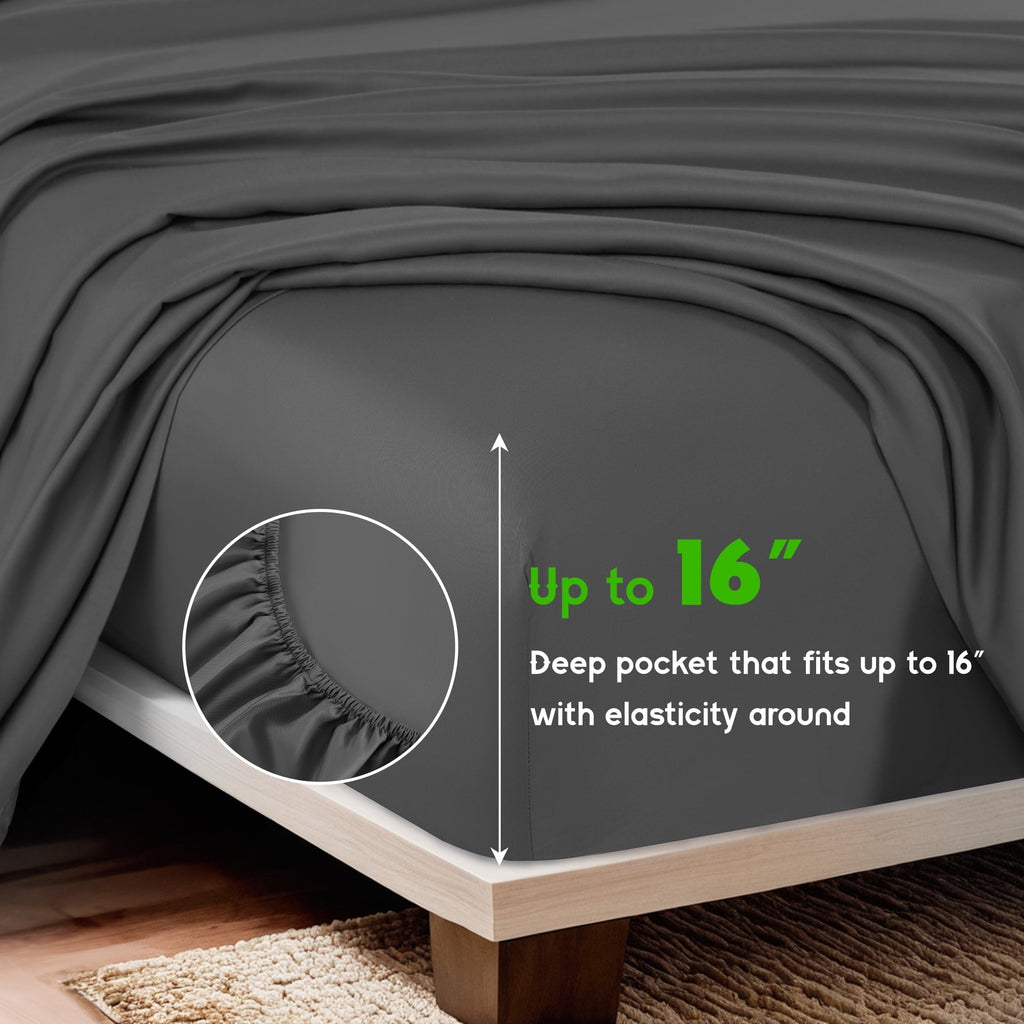 Breathable Luxury Luxury Bamboo Bed Sheet Set - Deep Pockets - 4 Piece, Queen, Dark Gray - Luxury Bed Sheet Set with Deep Pockets Detail