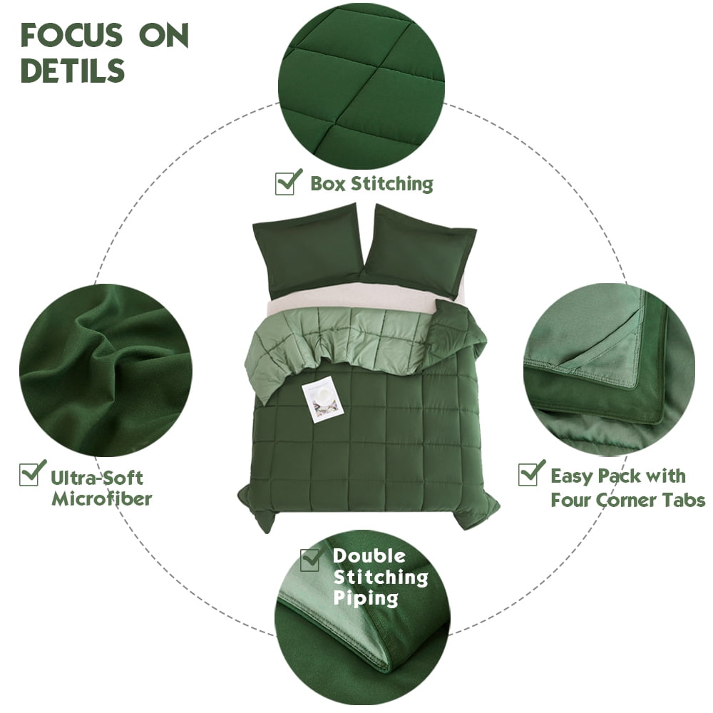 Luxurious Quilted Light Weight Down Alternative Comforter Set, Queen, Green, Reversible - Hypoallergenic Ultra-Fluffy Quilt for Winter Detail
