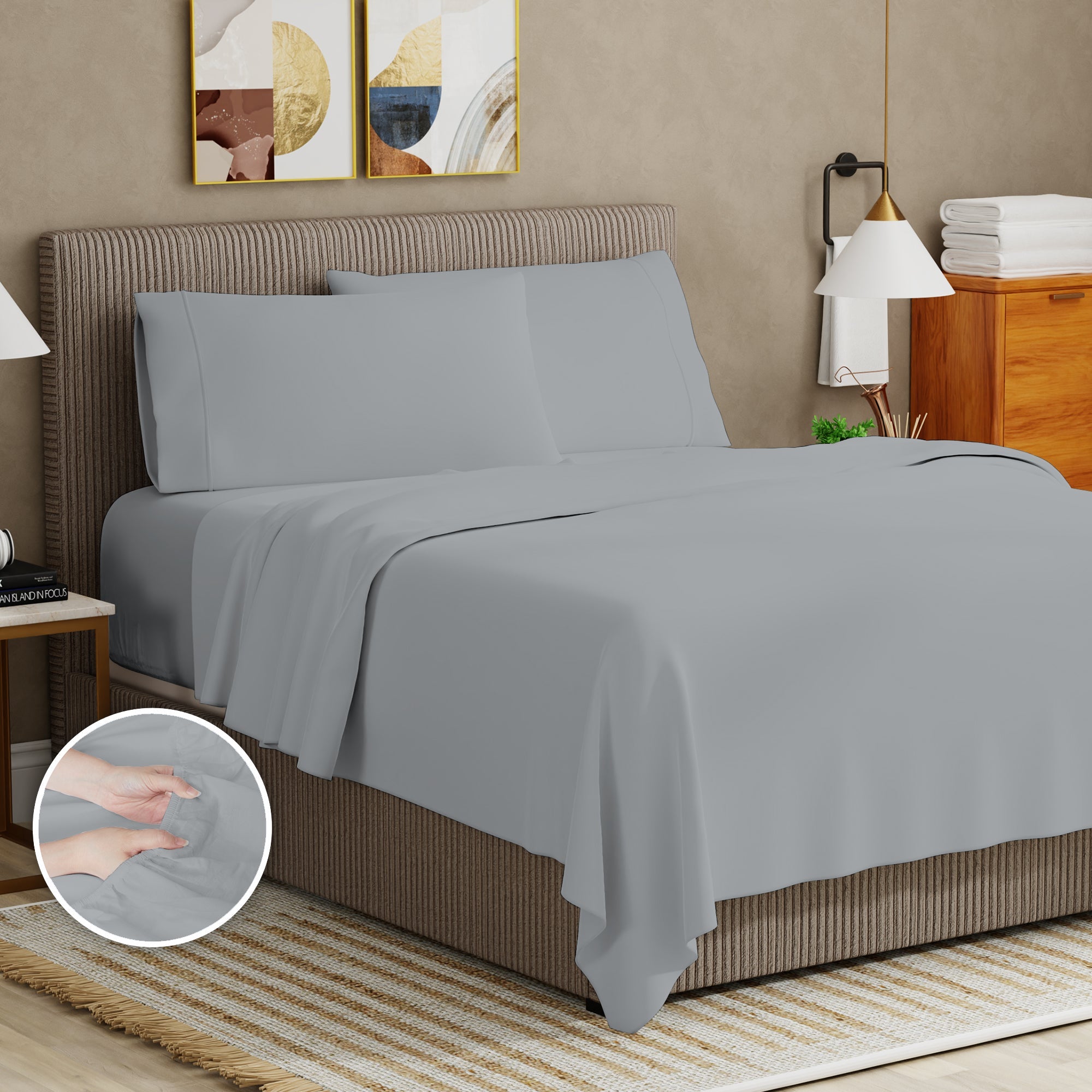 Premium Egyptian Cotton Soft Finish Microfiber Percale Queen Bed Sheet Set – 4-Piece Lightweight, Wrinkle-Resistant, Quick-Dry, Light Gray - Cooling Hotel Quality Bedding Sheets and Pillowcases Detail