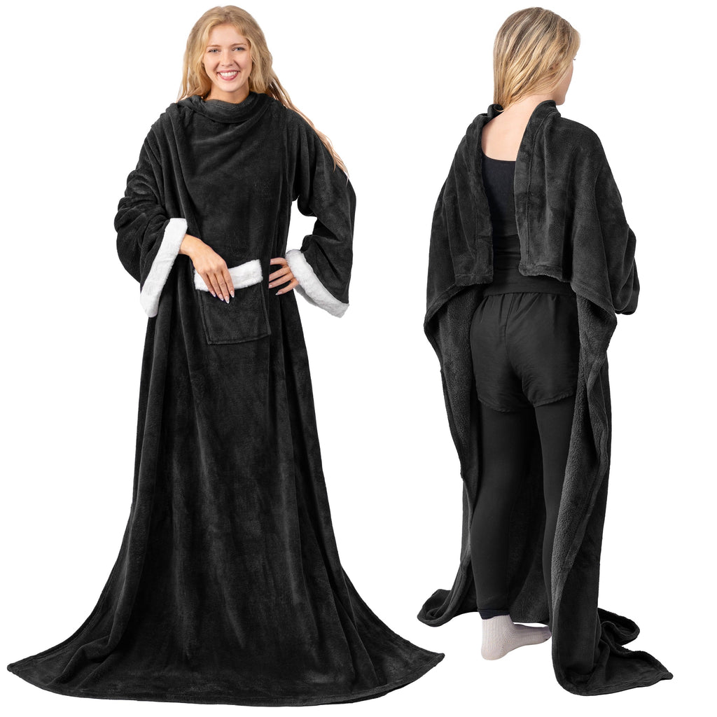 Lightweight Warm Fleece Blanket with Sleeves for Women Men Adults, Wearable Blanket Warm Soft Plush, Snuggle Pocket Sleeved TV Throw W... - Super Soft Reversible Sherpa Flannel Blanket Detail