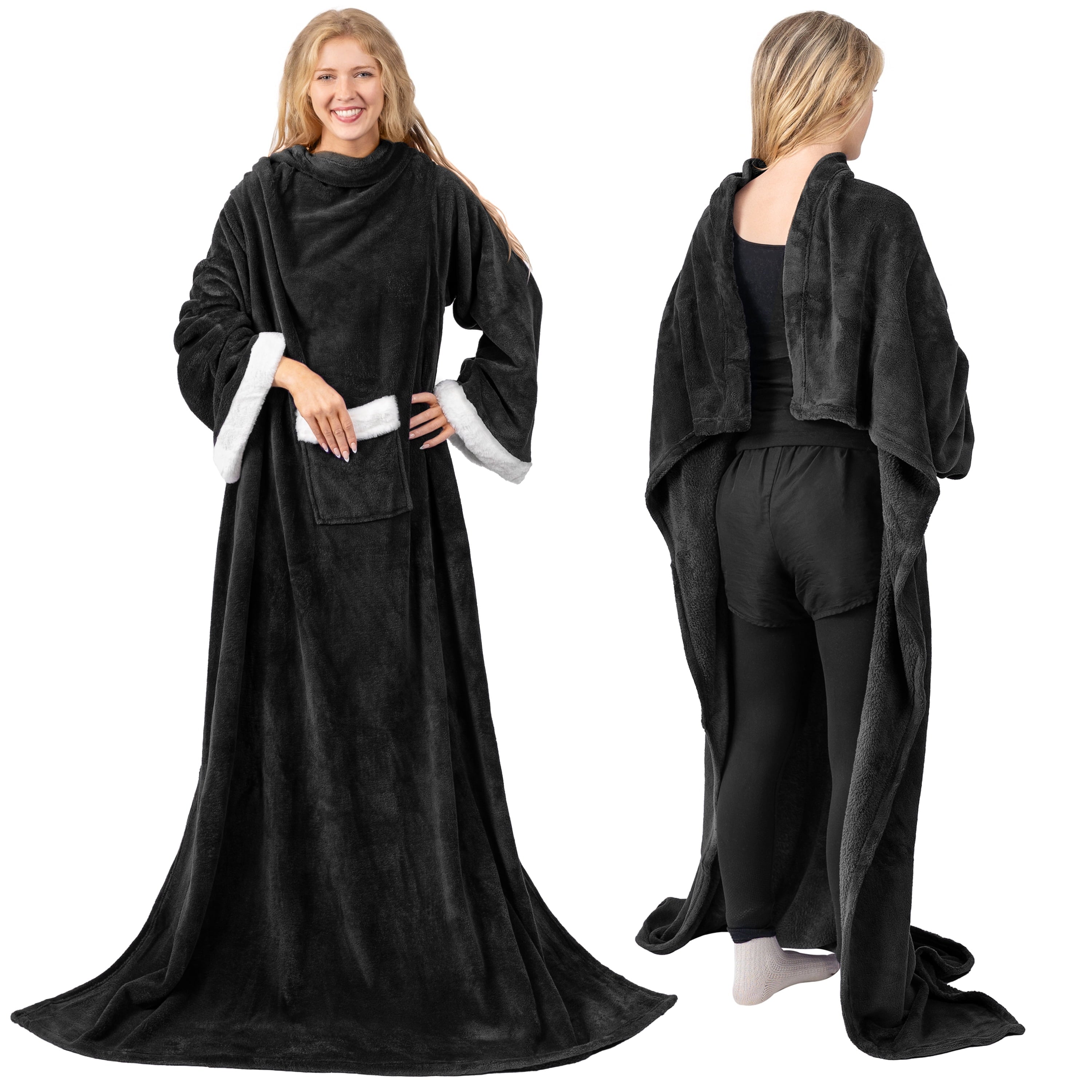 Lightweight Warm Fleece Blanket with Sleeves for Women Men Adults, Wearable Blanket Warm Soft Plush, Snuggle Pocket Sleeved TV Throw W... - Super Soft Reversible Sherpa Flannel Blanket Detail