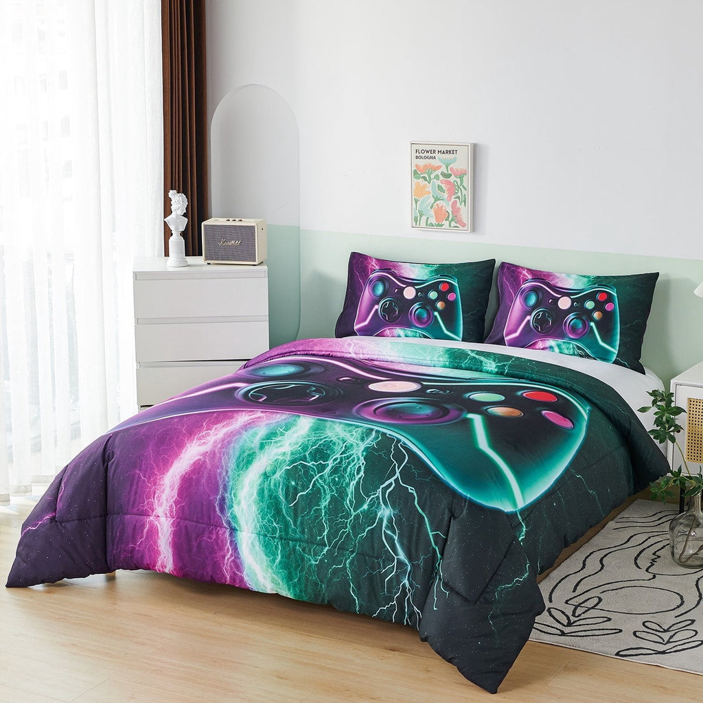 Fluffy Down Alternative Queen Size Gaming Comforter Set for Boys,3-Piece 3D Green Purple Lightning Game Controller Bedding Set for Kids Teens - All-Season Down Alternative Comforter Insert Detail