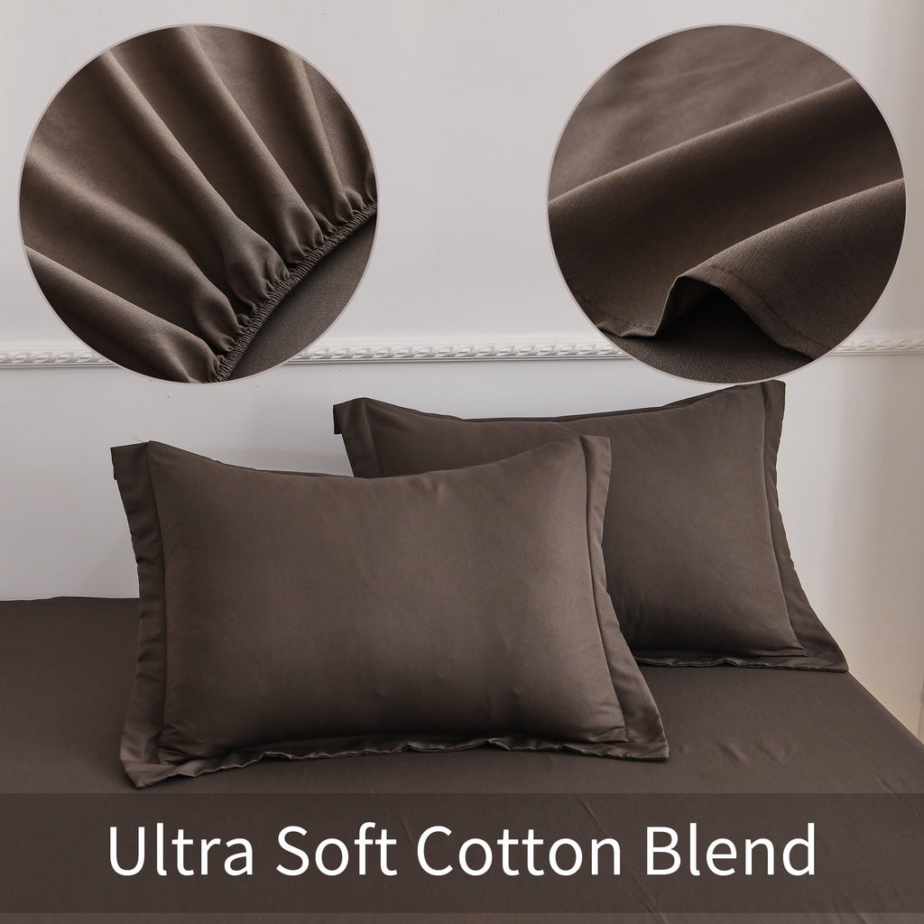 Breathable Luxury Bed Sheets Set 4 Piece Queen/Full Sheet Set Brown Gray Cotton Blend Fitted Sheet, Flat Sheet & 2 Pillowcases Bedding Set - Breathable Egyptian Cotton Flat & Fitted Sheets Detail