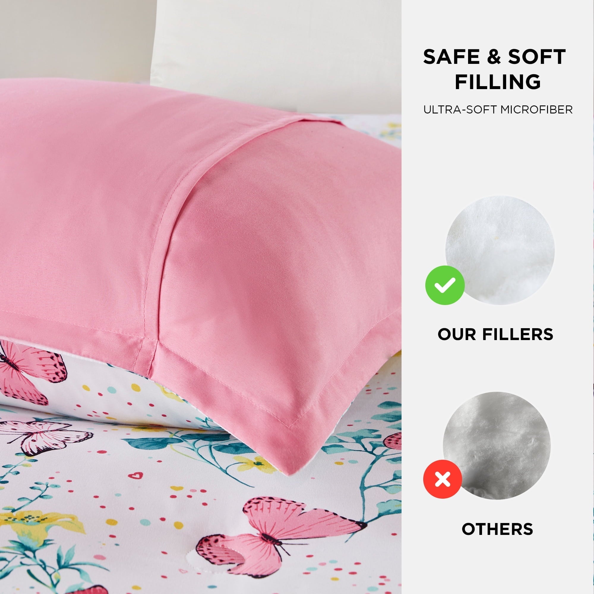Heavyweight Warmth Full/Queen Size Comforter Sets, 4-Piece Kids Bedding Set for Girls, Butterfly Floral Comforter Bed Set, White/Pink - All-Season Down Alternative Comforter Insert Detail