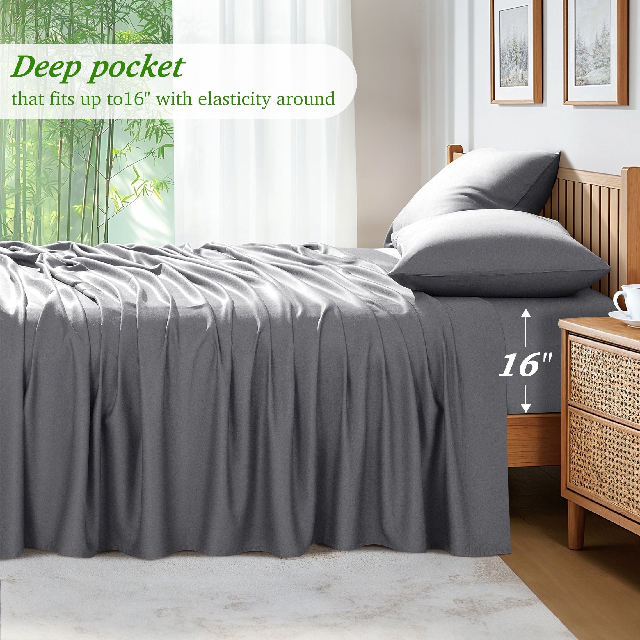 Ultra-Soft Bamboo Queen Sheet Set, Luxury Soft 4 Pieces Bed Sheets with 18" Deep Pocket, Gray - Cooling Hotel Quality Bedding Sheets and Pillowcases Detail