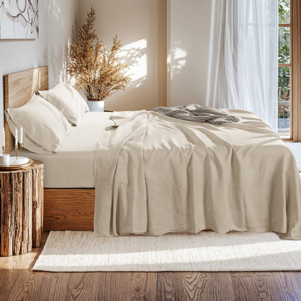 Ultra-Soft Natural Linen Cotton Bed Sheets Set, Deep Pocket - Breathable - Durable - 4 Pieces (Linen, Queen) - Cooling Hotel Quality Bedding Sheets and Pillowcases Detail