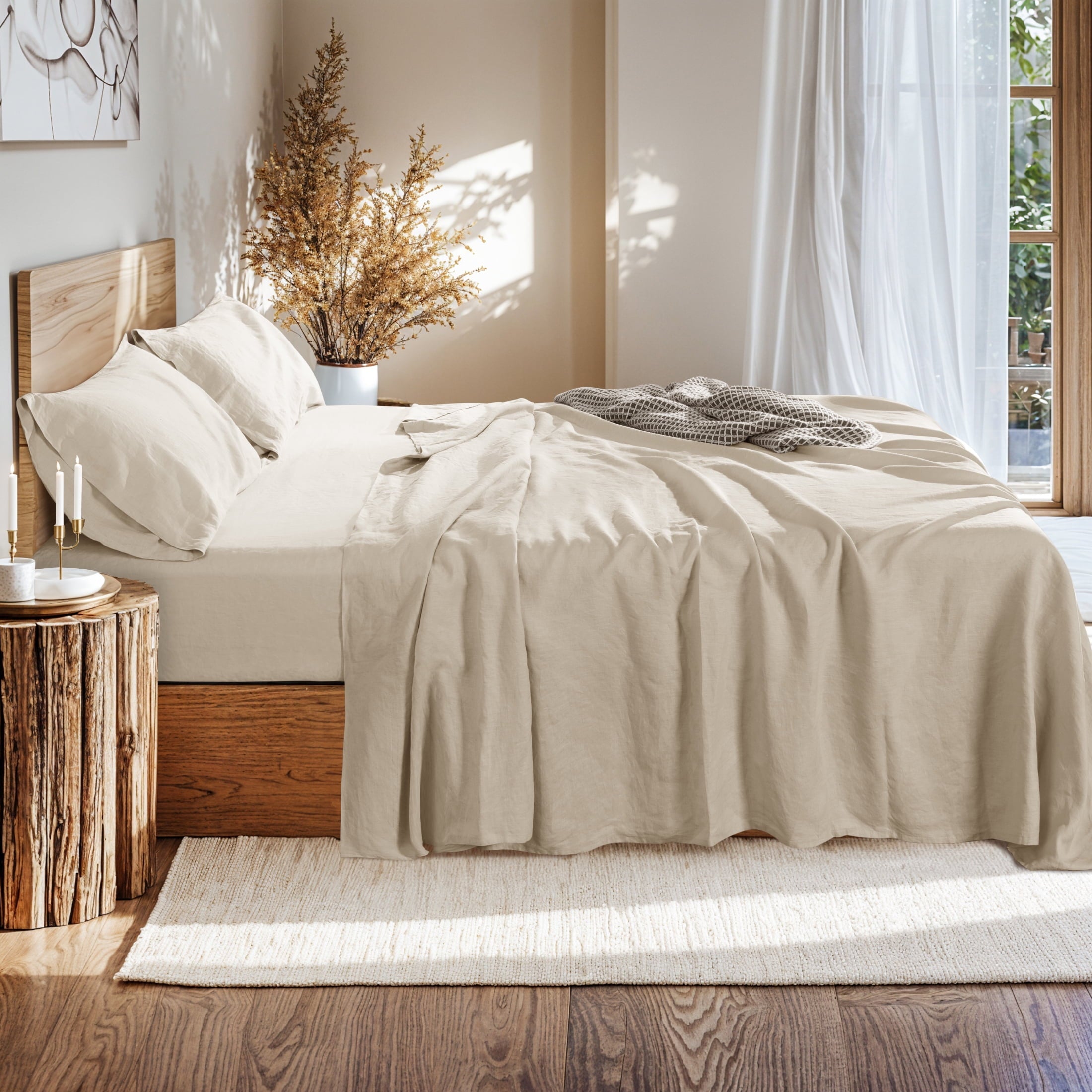 Ultra-Soft Natural Linen Cotton Bed Sheets Set, Deep Pocket - Breathable - Durable - 4 Pieces (Linen, Queen) - Cooling Hotel Quality Bedding Sheets and Pillowcases Detail