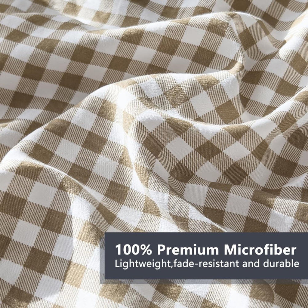 Heavyweight Warmth Tan Gingham Queen Comforter Set, Taupe Plaid Bedding Set, Checked Bed Comforter 3 Pieces(Tan Gingham, Queen) - Luxurious Quilted Duvet Cover Set Detail