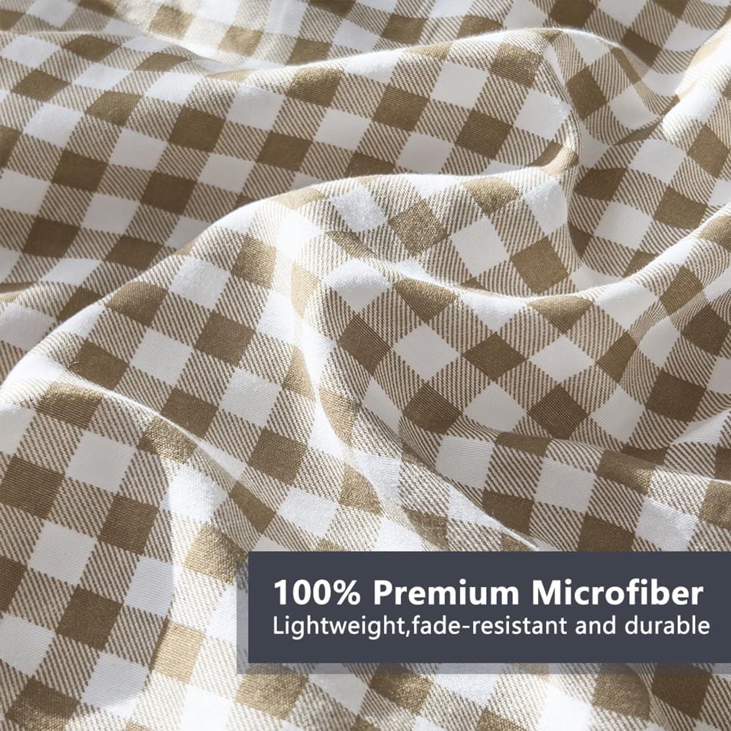 Heavyweight Warmth Tan Gingham Queen Comforter Set, Taupe Plaid Bedding Set, Checked Bed Comforter 3 Pieces(Tan Gingham, Queen) - Luxurious Quilted Duvet Cover Set Detail