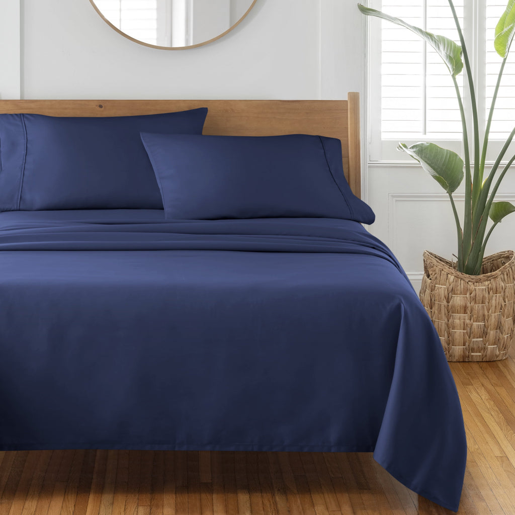 Ultra-Soft 4-Piece 300 Thread Count Blue Cove Cotton Sateen Bed Sheet Set, Queen - Cooling Hotel Quality Bedding Sheets and Pillowcases Detail