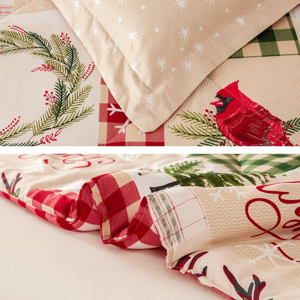 All-Season 3 Pcs Christmas Comforter Set, Bed in a Bag Wreath Snowman Queen/Full Size Xmas Bedding Set Fitted Pillowcases for Adult - Hypoallergenic Ultra-Fluffy Quilt for Winter Detail