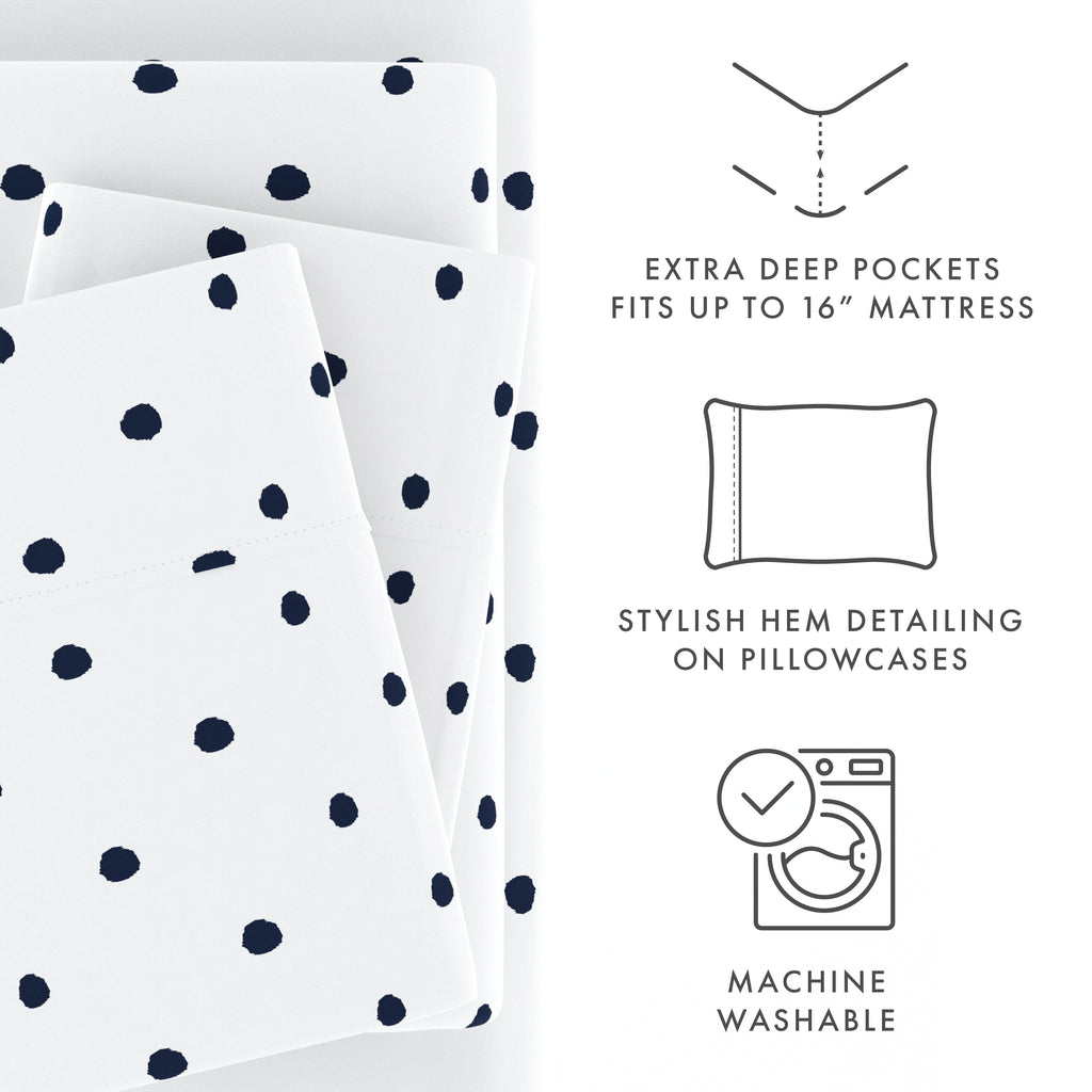 Breathable Luxury 4 Piece Pattern Microfiber Bed Sheets Set, Navy Dots, California King - Luxury Bed Sheet Set with Deep Pockets Detail
