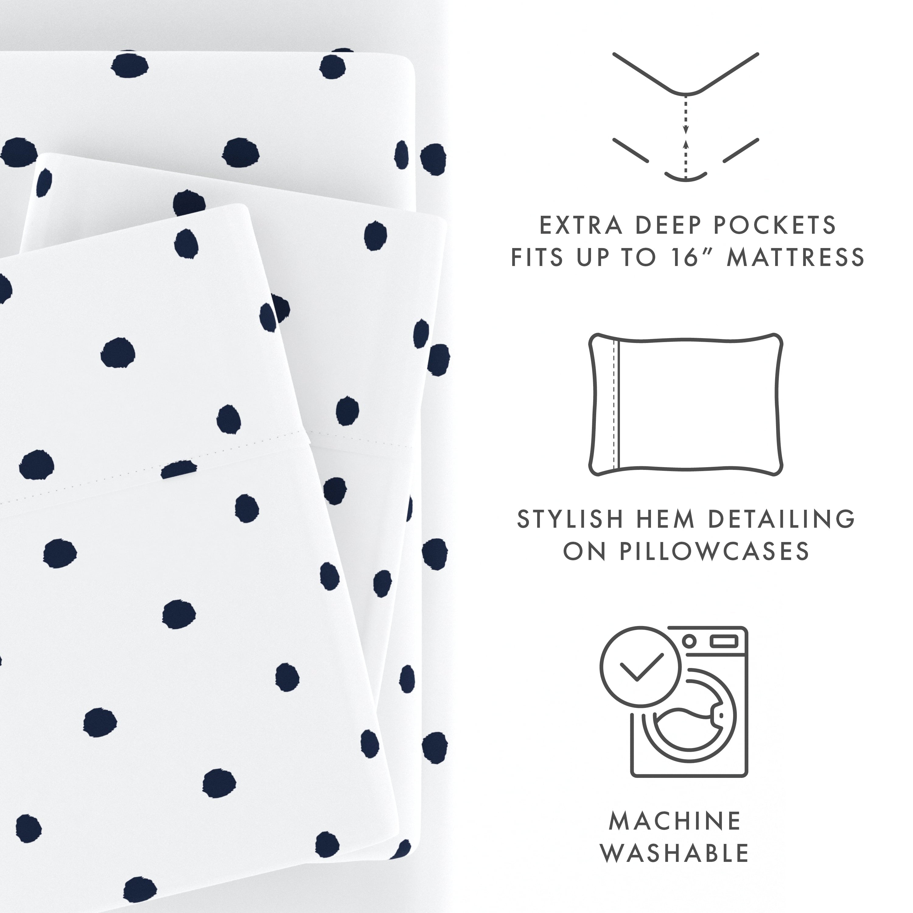 Breathable Luxury 4 Piece Pattern Microfiber Bed Sheets Set, Navy Dots, California King - Luxury Bed Sheet Set with Deep Pockets Detail