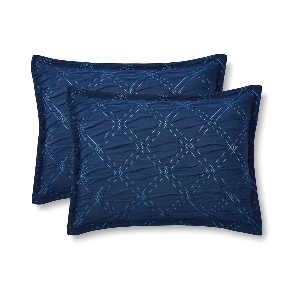 Hypoallergenic Cloud 5-Piece Reversible Comforter Set Navy Cross Stitch Bedding with Decor Pillow and Throw, Full/Queen - Luxurious Quilted Duvet Cover Set Detail