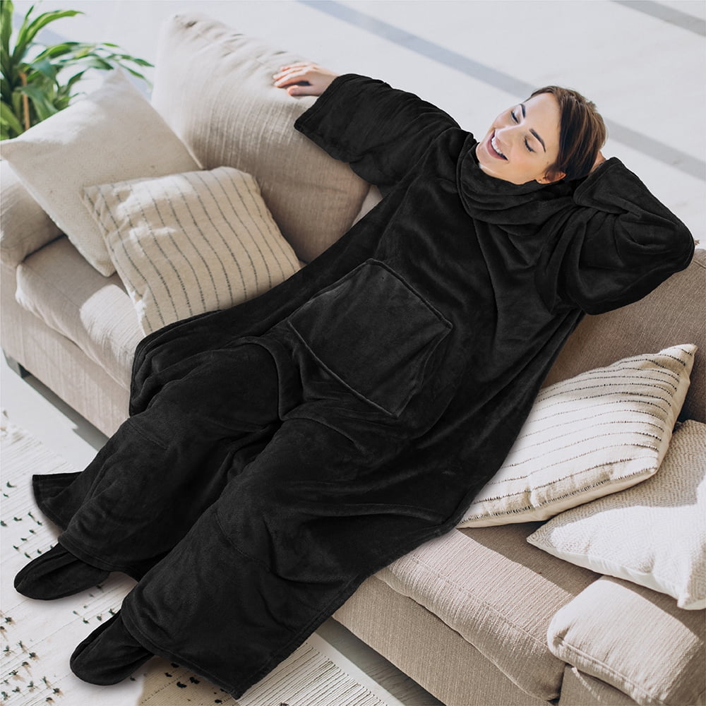 Lightweight Warm Fleece Blanket with Sleeves, Foot Pockets for Women Men Adults, Plush Wearable Blanket Throw Wrap, Warm Snuggle Blank... - Luxury Knitted Decorative Throw Blanket with Fringes Detail