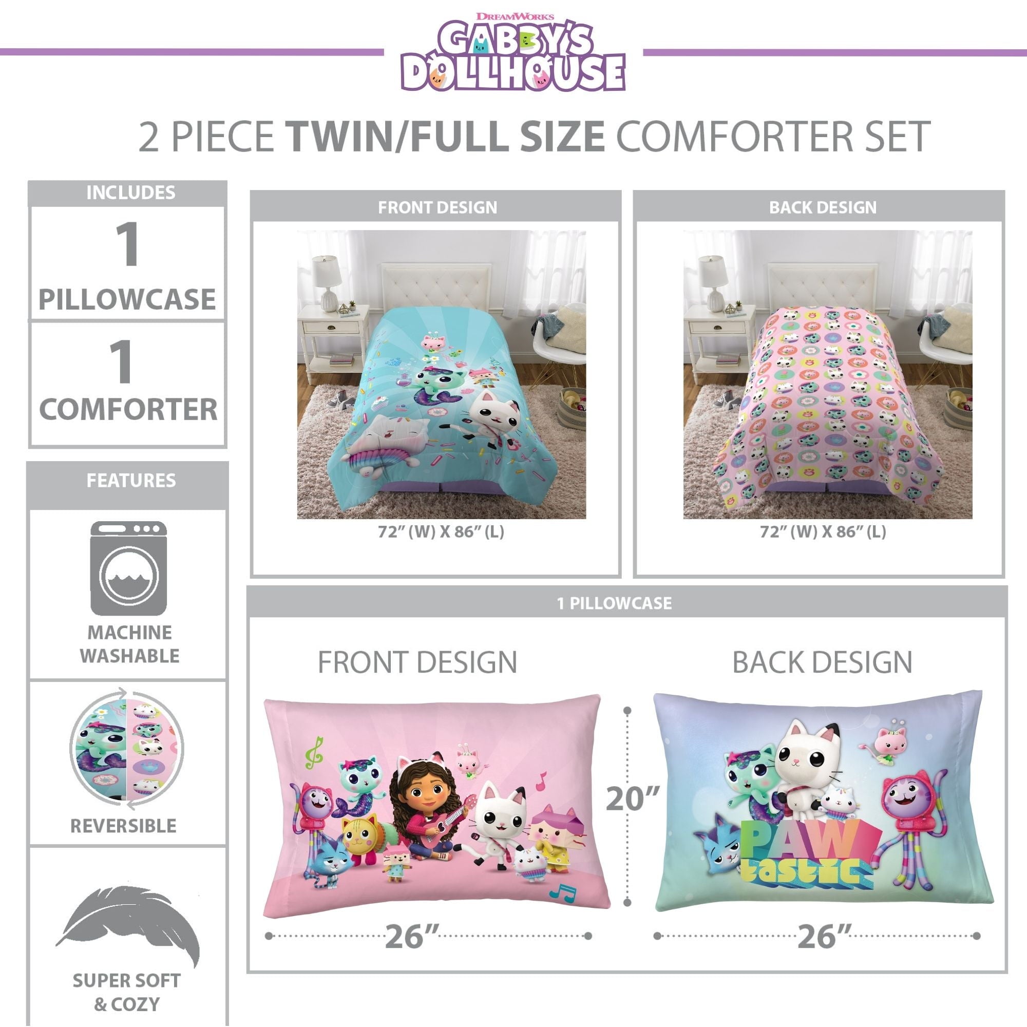 Fluffy Down Alternative Gabby's Dollhouse Kids Comforter and Pillowcase, 2-Piece Set, Twin/Full, Reversible - Cloud-Like Soft Lightweight Bed Comforter Detail