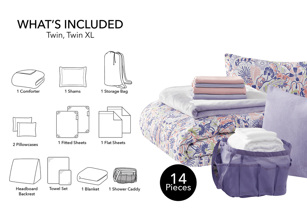 All-Season 14pc College Dorm Essentials Bundle, Twin-XL, Reversible Bed in a Bag Comforter Set, Purple Floral - Luxurious Quilted Duvet Cover Set Detail