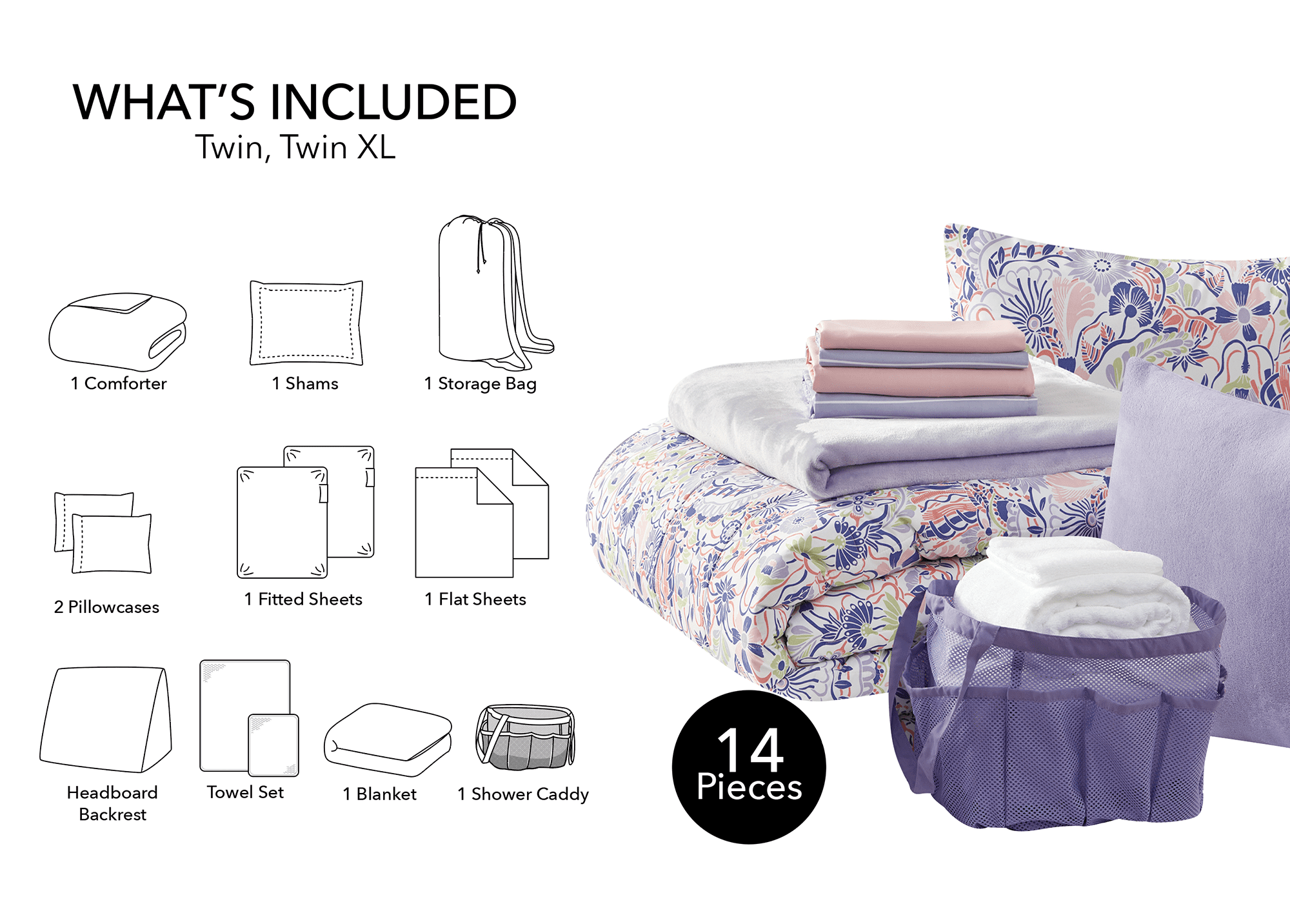 All-Season 14pc College Dorm Essentials Bundle, Twin-XL, Reversible Bed in a Bag Comforter Set, Purple Floral - Luxurious Quilted Duvet Cover Set Detail