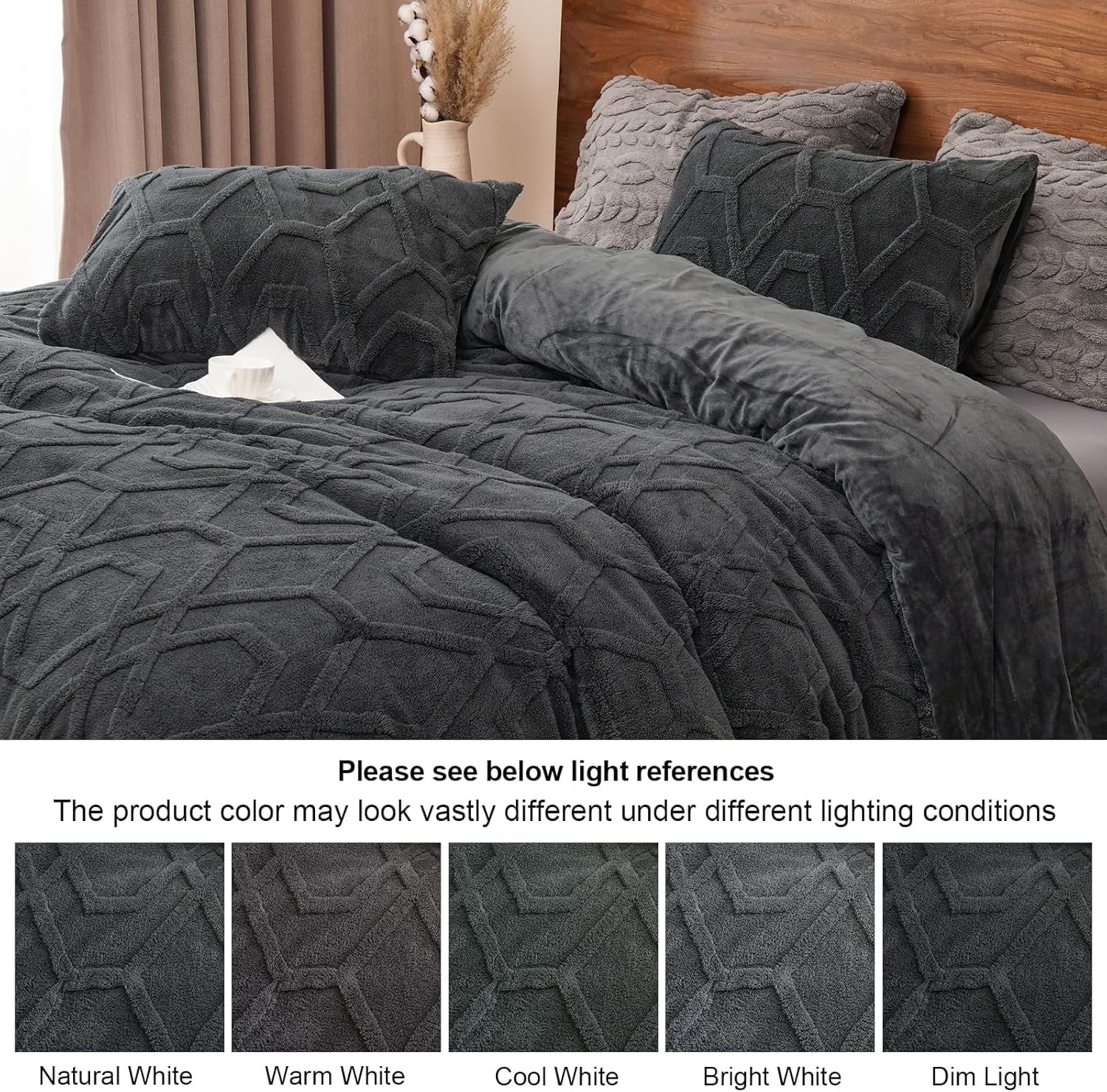 Fluffy Down Alternative Warm Sherpa Fleece Queen Comforter Set, 3D Tufted Fluffy Dark Grey Bedding for Winter, Soft 3 Pieces Shaggy Bed Set, ... - All-Season Down Alternative Comforter Insert Detail