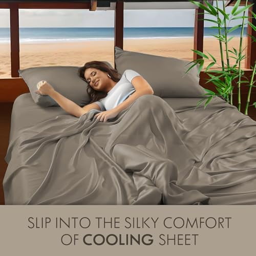 Wrinkle-Resistant Home 4-Piece Queen Bamboo Bed Sheet Set, 100% Organic Cooling Fabric, 16" Deep Pocket, Taupe - Cooling Hotel Quality Bedding Sheets and Pillowcases Detail